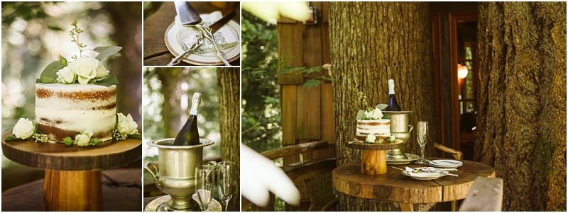 A rustic wooden table set with a small semi naked cake decorated with white flowers and greenery a champagne bottle in a silver ice bucket and plates with cutlery near a large tree and cozy snohomish wooden cabin Snohomish wedding photography