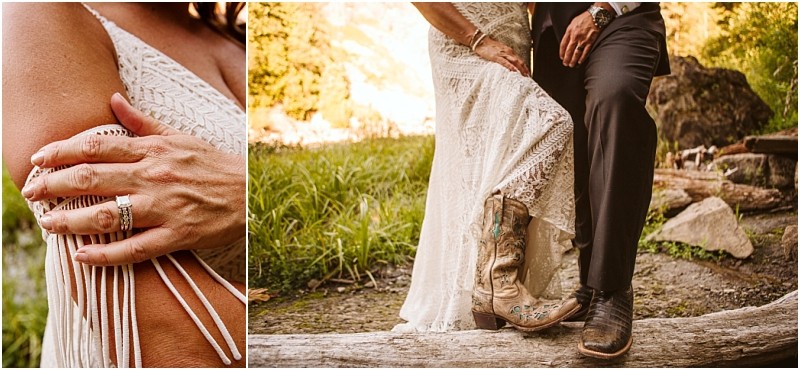 Close up of a brides hand with a wedding ring and fringed white dress sleeve on the left on the right the snohomish bride in a white dress and cowboy boots stands beside the groom in dark pants and dress shoes outdoors Snohomish wedding photography