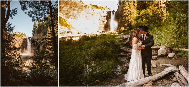 Two photos the left shows a waterfall surrounded by trees in snohomish The right captures a bride and groom kissing near the waterfall with sunlight filtering through the trees and lush greenery around them Snohomish wedding photography