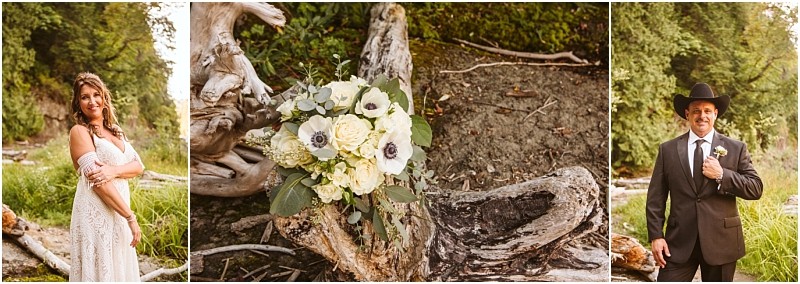 A collage set in a scenic snohomish woodland features a bride in white on the left a bouquet of white flowers on driftwood center and a groom in a black suit and cowboy hat on the right Snohomish wedding photography
