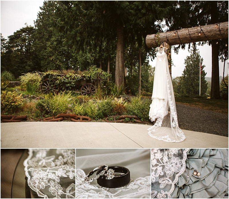A collage featuring a wedding dress with a lace train hanging outdoors in snohomish close ups of lace details wedding rings and wedding attire set against a backdrop of trees and rustic garden decor Snohomish wedding photography