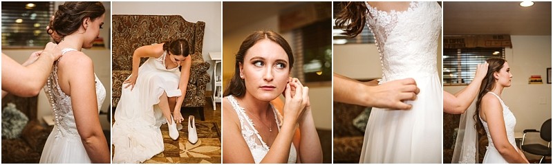 In a warmly lit snohomish room a bride gets ready for her weddingputting on her dress sitting to wear shoes adjusting earrings smoothing her gown and having her hair styled Snohomish wedding photography