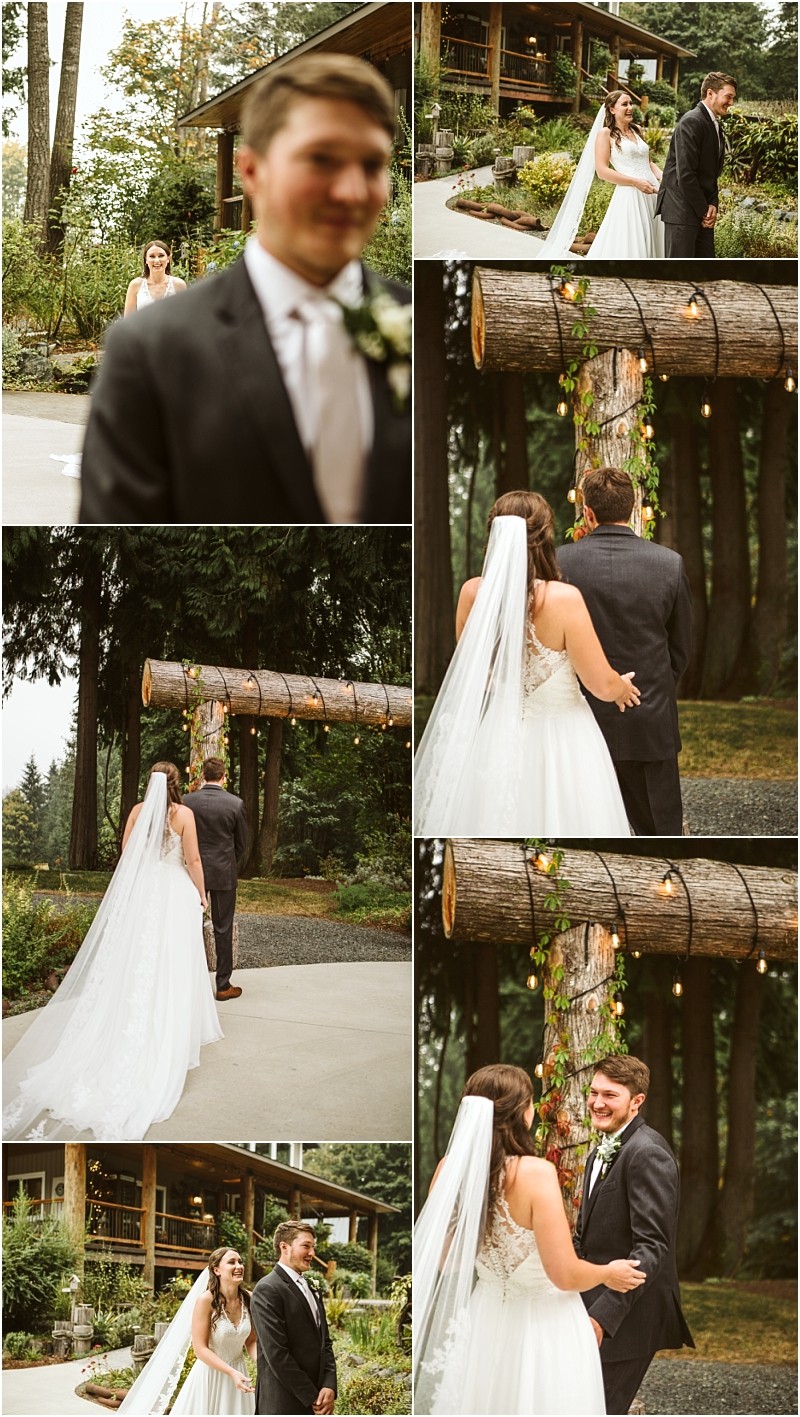 A collage of wedding photos shows a bride in a white dress and veil approaching a groom for their first look outdoors near a rustic log structure surrounded by greenery and trees in scenic snohomish Snohomish wedding photography