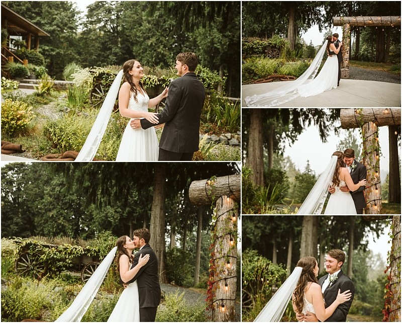 A collage of wedding photos shows a bride and groom outdoors in snohomish embracing holding hands and sharing a kiss under a wooden arch surrounded by greenery and trees with the bride wearing a long veil Snohomish wedding photography