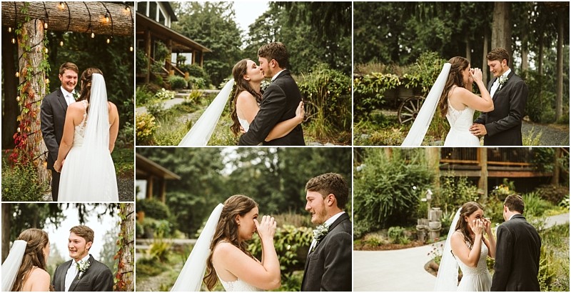 A collage of six photos shows a bride and groom during their emotional first look outdoors in snohomish smiling embracing and wiping away tears amidst lush greenery and rustic scenery Snohomish wedding photography