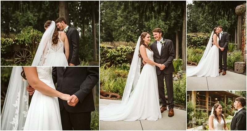 A collage of five wedding photos shows a bride in a white gown and veil and a groom in a dark suit standing outdoors in snohomish holding hands smiling and gazing at each other affectionately amid lush greenery Snohomish wedding photography