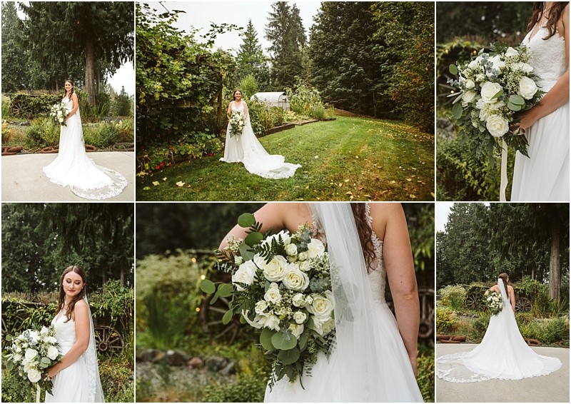 A bride in a white gown poses outdoors in a lush snohomish garden holding a large bouquet of white roses and greenery Multiple angles showcase her dress bouquet and the beautiful natural surroundings Snohomish wedding photography