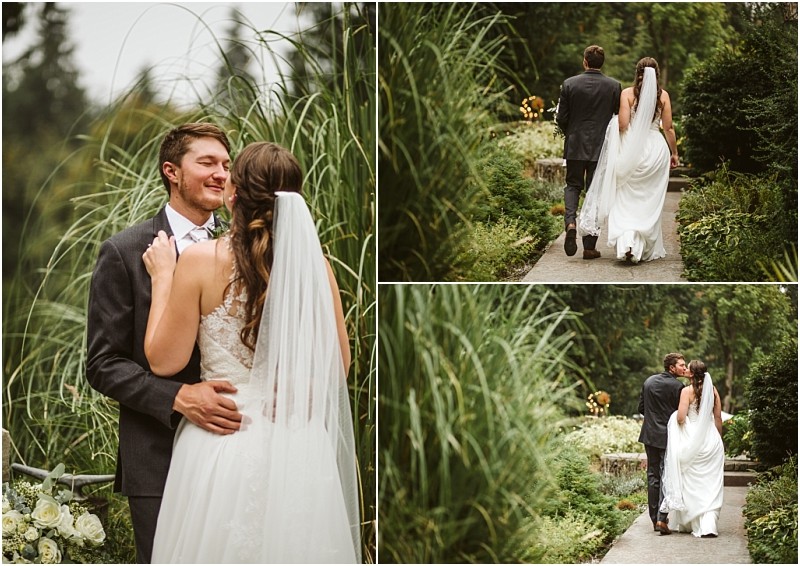 Three wedding photos a bride in a white dress and veil and a groom in a dark suit walk together on a snohomish garden path embracing and smiling surrounded by lush greenery and blooming flowers Snohomish wedding photography