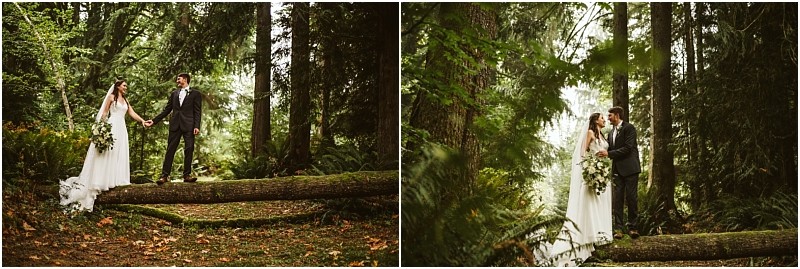 A bride and groom stand on a fallen tree trunk in a lush snohomish forest holding hands in one photo and embracing in another surrounded by green foliage and tall trees Snohomish wedding photography