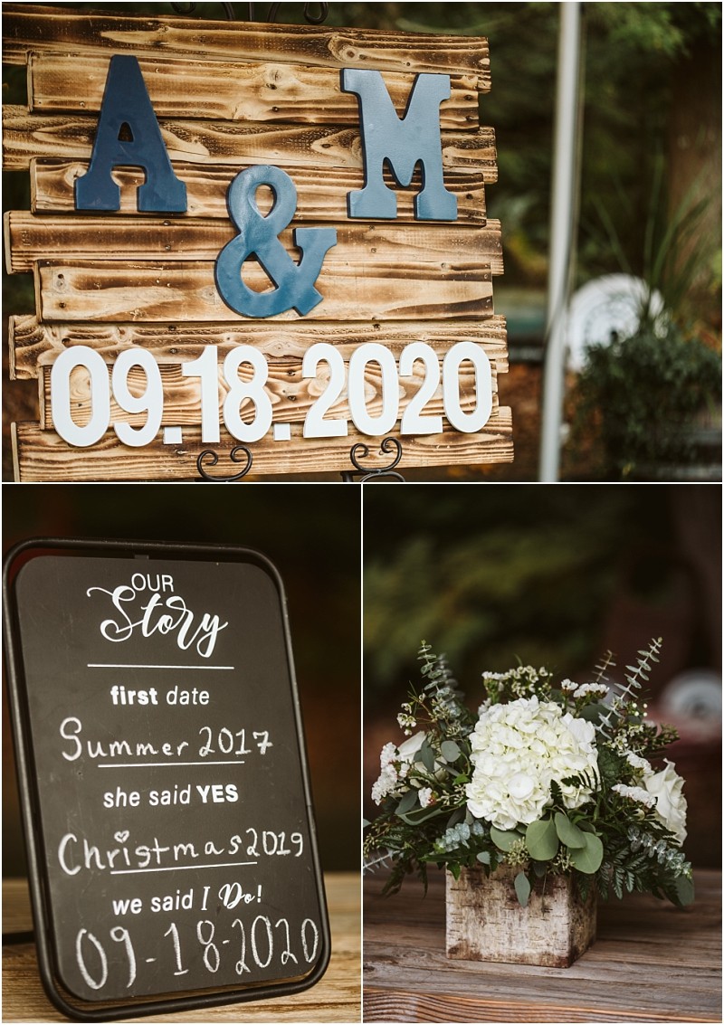 A charming snohomish wedding display with wooden initials a & m the date 09 18 2020 a sign describing the couples relationship milestones and a floral arrangement in a rustic wooden box Snohomish wedding photography