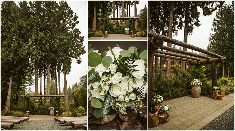 Outdoor wedding venue in snohomish surrounded by tall evergreen trees rustic wooden arch barrels with white flower arrangements lanterns and a close up of a bouquet with white roses and greenery Snohomish wedding photography
