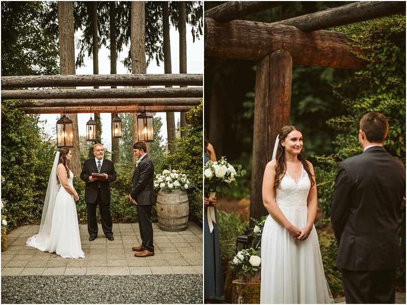 Two photos of an outdoor snohomish wedding ceremony a bride in a white dress and veil faces the groom in a suit with an officiant between them under wooden beams and hanging lanterns surrounded by lush greenery Snohomish wedding photography