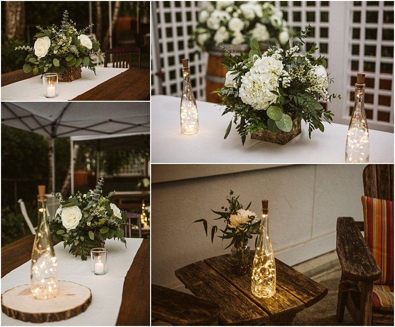 Collage of rustic snohomish wedding table settings featuring white flower arrangements greenery lit string lights inside glass bottles and candles on wooden tables creating a warm romantic atmosphere Snohomish wedding photography