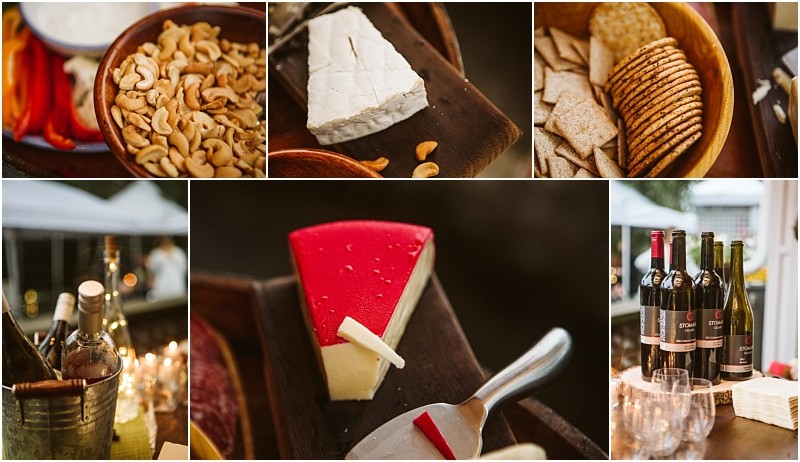 A collage shows bowls of mixed nuts sliced brie cheese assorted crackers and another cheese with a red rind along with bottles of wine and glasses on a rustic snohomish table beside a bucket of chilled drinks Snohomish wedding photography