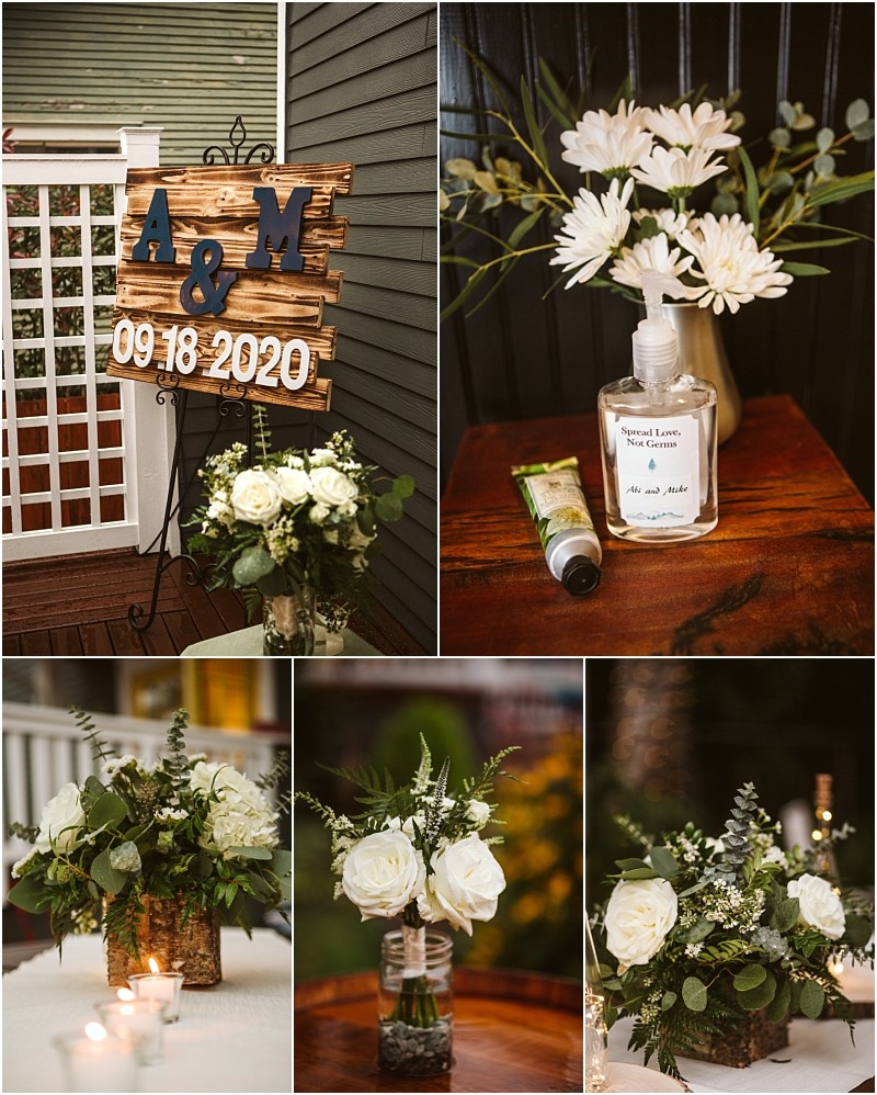 Collage of rustic wedding decor in snohomish a wooden sign with a & m 09 18 2020 floral arrangements in jars a hand sanitizer bottle and white flowers displayed on wooden tables Snohomish wedding photography