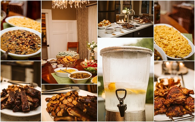 A collage of photos featuring a buffet style meal in snohomish with dishes like macaroni and cheese baked beans roasted potatoes grilled meats bread and a dispenser of ice water with lemon slices Snohomish wedding photography