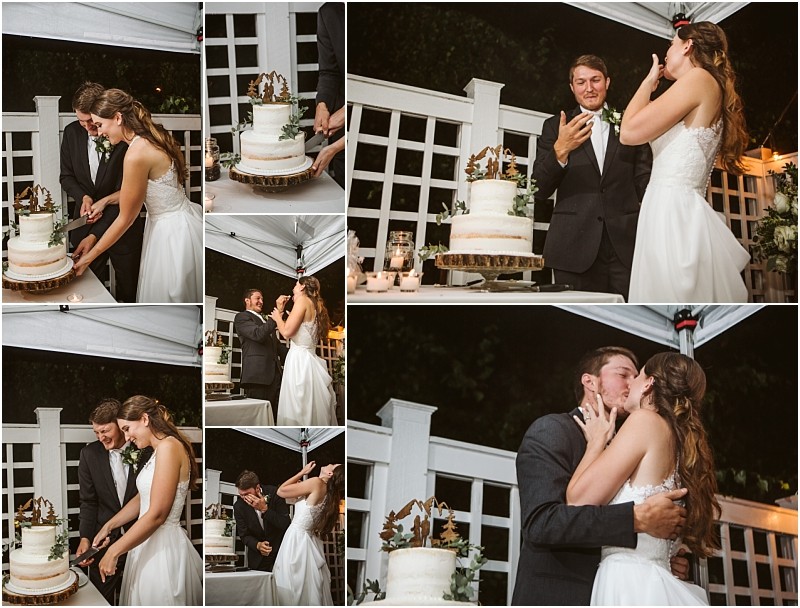A collage of wedding photos shows a snohomish bride and groom cutting their cake playfully feeding each other sharing a laugh and kissing all under an outdoor canopy decorated with white lattice and string lights Snohomish wedding photography