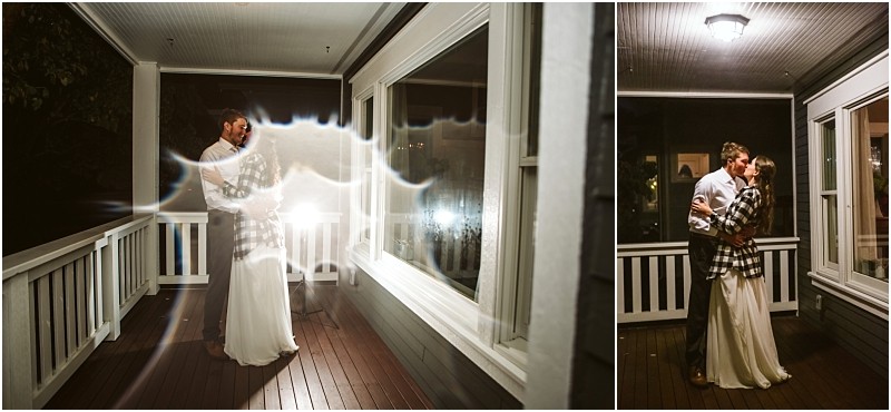 A couple shares a romantic dance on a snohomish porch at night the left image features a dreamy light effect while the right image shows them embracing under a ceiling light Snohomish wedding photography