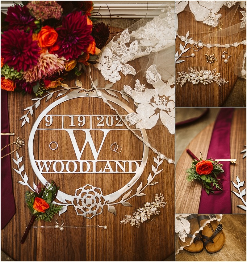 A collage features a wooden sign with woodland and 9 19 2021 bridal lace a bouquet of red and orange flowers jewelry a boutonnière sandals and a maroon ribboncapturing rustic snohomish elegance on a flat surface Snohomish wedding photography