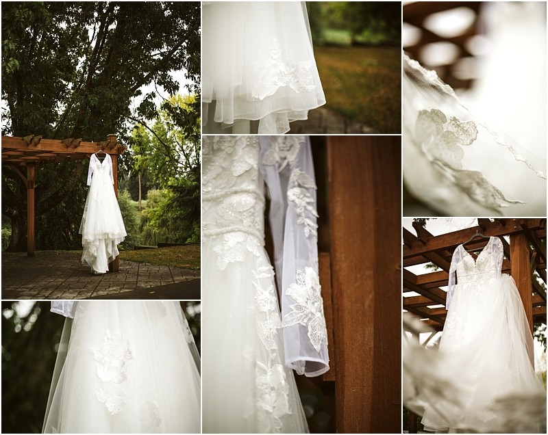 A collage of close up and wide shots shows a white lace wedding dress hanging from a wooden pergola outdoors in snohomish with intricate lace details and natural greenery in the background Snohomish wedding photography
