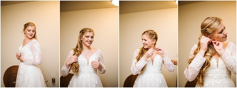 A bride in a white lace wedding dress stands indoors in snohomish smiling as she gets ready She adjusts her hair and puts on earrings in a series of four side by side photos Snohomish wedding photography