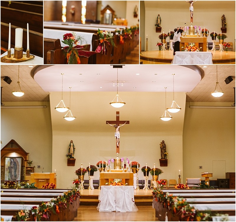A decorated snohomish church interior for a wedding with candles flowers and ribbons along the pews The altar features a large crucifix floral arrangements and glowing candles Close ups reveal intricate snohomish inspired decorations Snohomish wedding photography