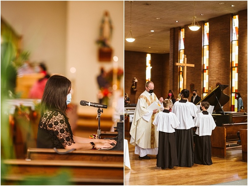 Left a woman wearing a mask plays the piano in a snohomish church Right a priest in white robes and altar servers in black and white attire stand by a piano amid stained glass windows and wooden pews Snohomish wedding photography