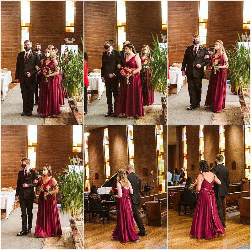 A collage of six photos shows bridesmaids and groomsmen in matching burgundy dresses and black suits walking in pairs down a snohomish church aisle decorated with plants Everyone is wearing face masks Snohomish wedding photography