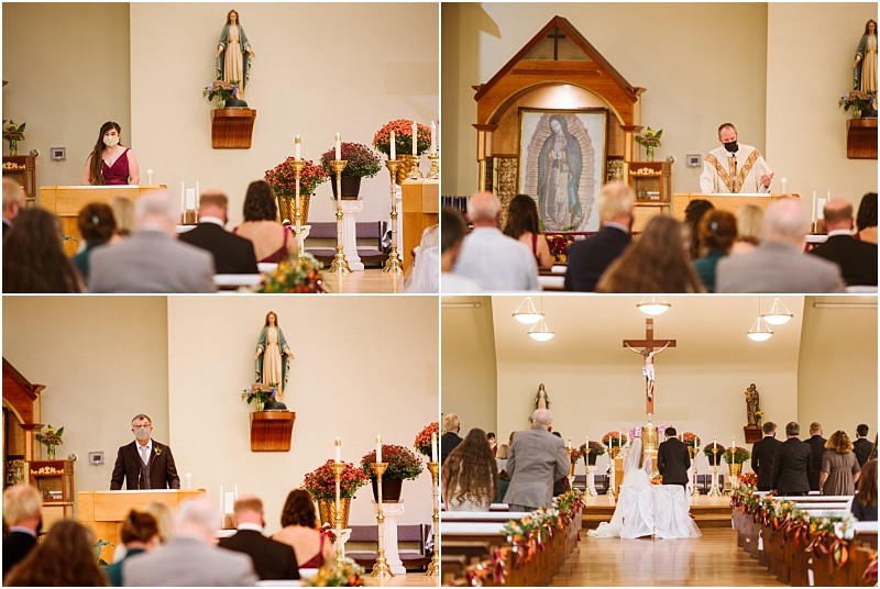 A collage of four photos shows a wedding ceremony in a snohomish church with seated guests a priest at the altar the groom standing and religious statues and decor in the background Snohomish wedding photography