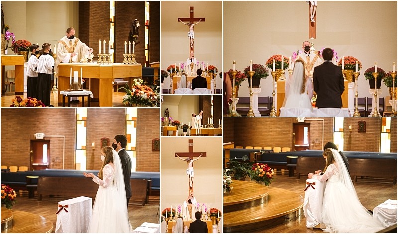 A collage of wedding photos in a snohomish church shows a bride and groom at the altar praying and exchanging vows before a priest Candles flowers and a large crucifix decorate the altar Snohomish wedding photography