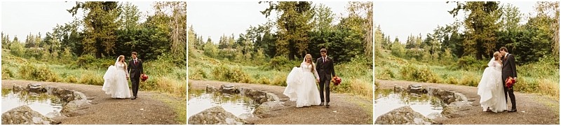 Three side by side photos show a bride in a white dress and a groom in a dark suit walking together by a small snohomish pond surrounded by greenery and trees The bride holds a bouquet of vibrant red flowers Snohomish wedding photography