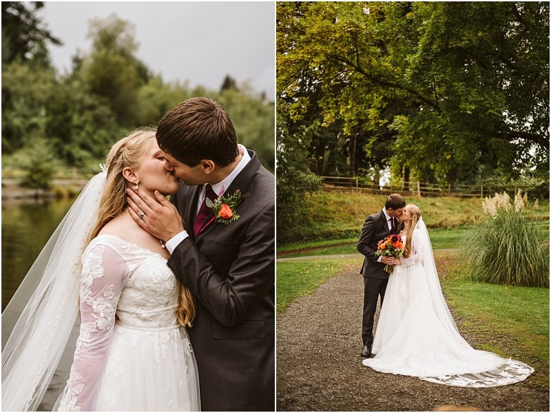 A bride and groom in wedding attire share a kiss outdoors In one photo they embrace closely by the water in snohomish in the other they stand on a path surrounded by greenery the bride holding a bouquet Snohomish wedding photography