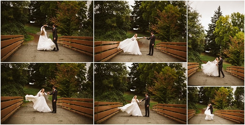 A collage of six wedding photos shows a bride and groom dancing and spinning on a wooden bridge in snohomish surrounded by lush green trees and foliage The brides dress flows beautifully as they move together Snohomish wedding photography