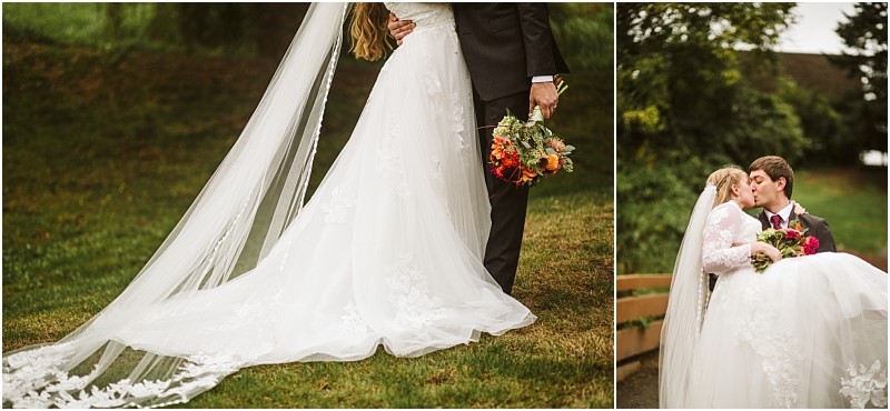 A bride in a long white gown and veil stands with her groom holding a colorful bouquet another photo shows them sitting on a bench kissing surrounded by lush snohomish greenery Snohomish wedding photography