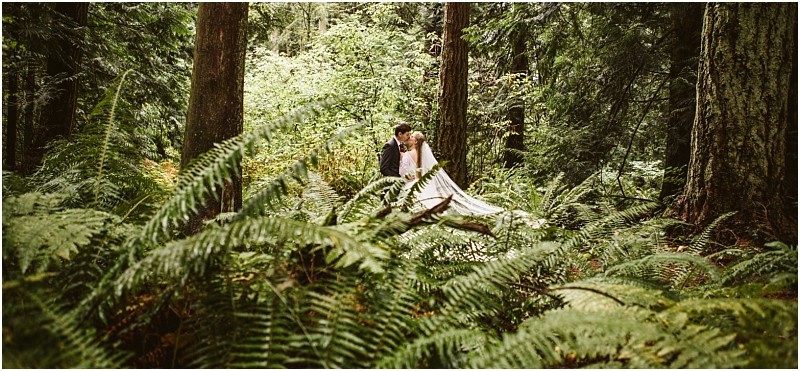 A bride and groom stand together in a lush snohomish forest surrounded by tall trees and ferns sharing an intimate moment on their wedding day Snohomish wedding photography