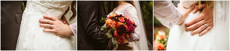 Three close up photos a grooms hand rests on a brides lace dress the couple embraces holding a bouquet of red and orange flowers and the brides ring adorned hand rests on the grooms back at their snohomish wedding Snohomish wedding photography