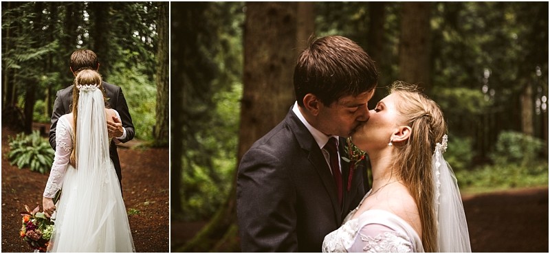 Two photos of a bride and groom in a snohomish forest on the left the bride approaches the groom from behind on the right the couple shares a kiss among tall trees both wearing wedding attire Snohomish wedding photography