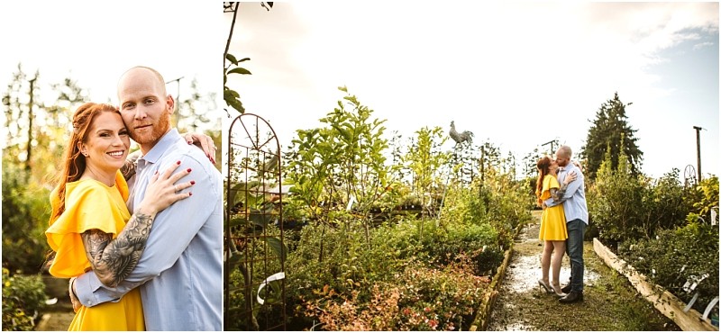A couple embraces and smiles in a lush snohomish garden The woman wears a yellow dress and the man wears a light blue shirt The left image is a close up the right shows them standing together among green plants under a bright sky Snohomish wedding photography