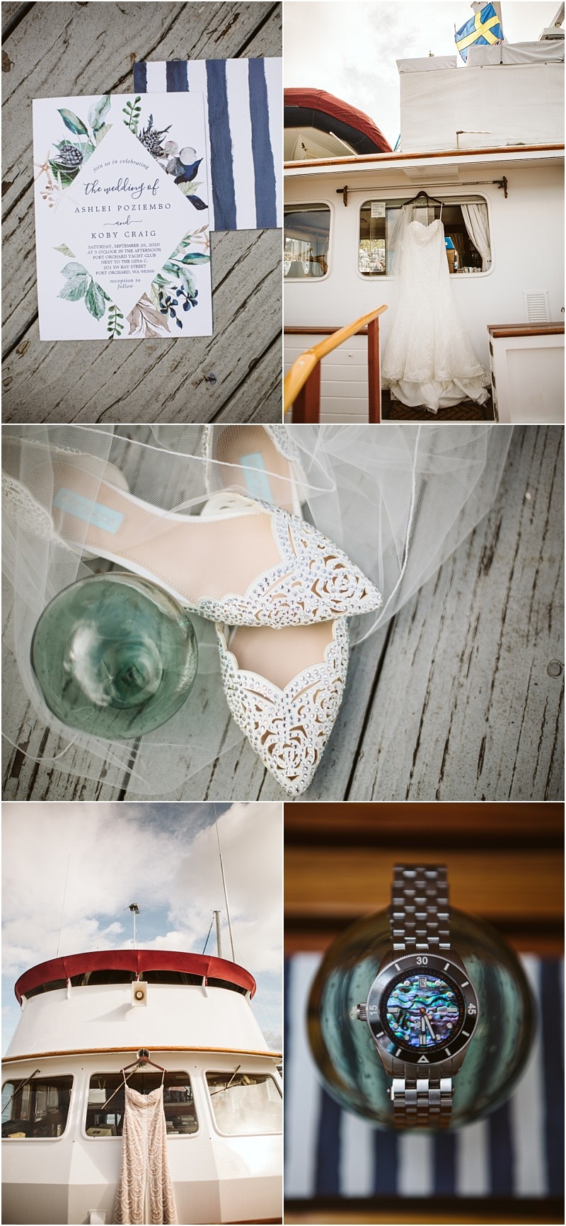 A collage of wedding details including an invitation a white dress hanging on a boat in snohomish lace shoes a watch inside a glass and the swedish flag on a boatall with nautical accents and rustic wooden backgrounds Snohomish wedding photography