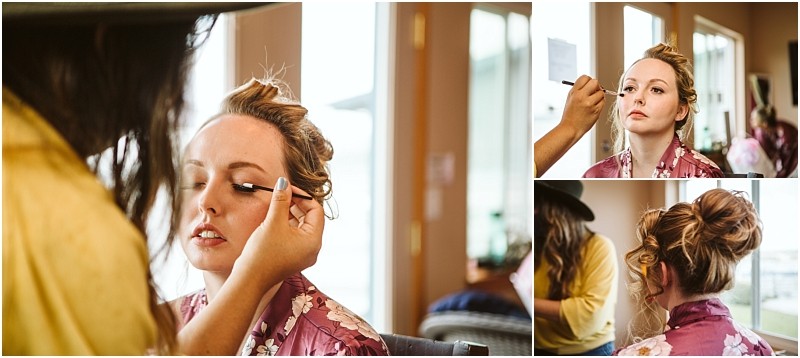 A woman in a floral robe gets her makeup done by an artist in snohomish close ups show her eyes closed as mascara is applied and a side view displays her styled hair in a loose bun Snohomish wedding photography