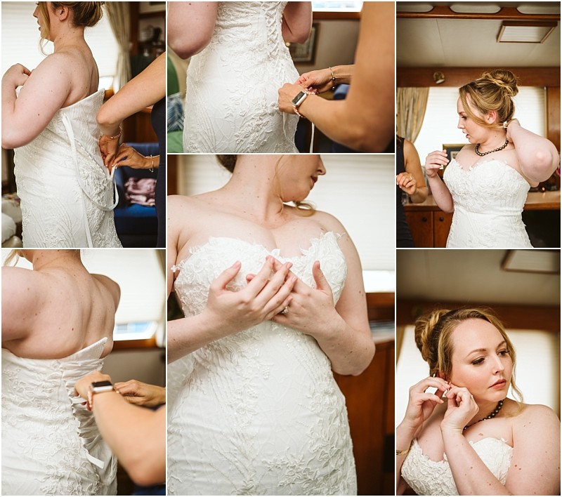 A collage of six photos shows a snohomish bride getting ready as someone helps her fasten her white lace wedding dress She adjusts the dress and puts on earrings appearing focused and calm Snohomish wedding photography