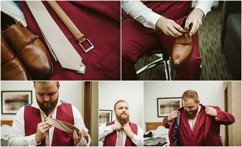 A man in a red suit gets dressed for a formal snohomish event putting on brown shoes tying a beige tie adjusting his shirt and putting on a vest Close ups show the suit shoes tie and belt laid out on a bed Snohomish wedding photography
