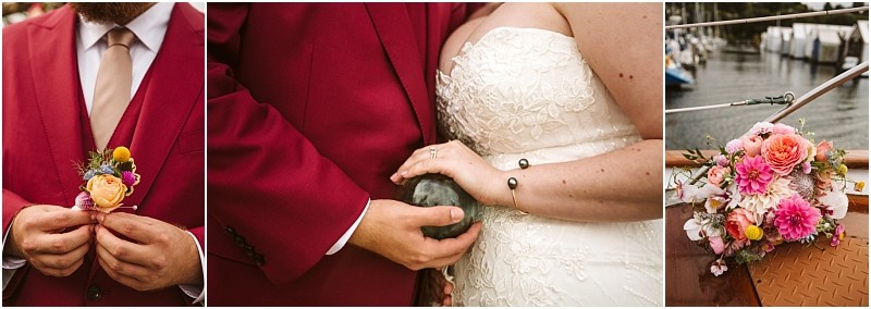 A triptych shows a person in a red suit holding a boutonniere two peopleone in a red suit the other in a lace wedding dressholding hands with a small animal and a colorful bouquet on a snohomish boat water and boats in the background Snohomish wedding photography