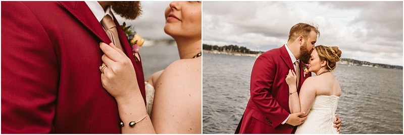 Two wedding photos on the left a couple embraces closely highlighting the womans hand on the mans maroon suit On the right they stand by the water in snohomish as he lovingly kisses her forehead Snohomish wedding photography