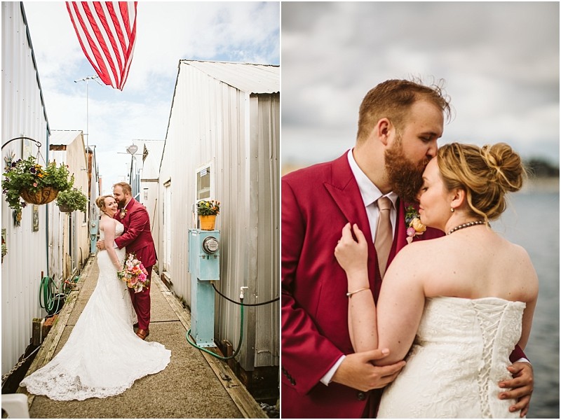 Split photo on the left a bride and groom embrace and smile in a charming snohomish outdoor walkway with hanging flower pots and an american flag above On the right the groom kisses the brides forehead near water Snohomish wedding photography