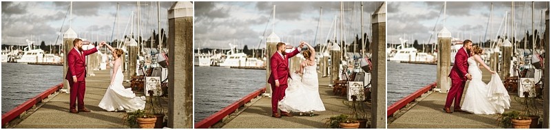A bride and groom dance on a snohomish dock by the water surrounded by boats The groom wears a red suit and the bride a white gown In three frames the groom twirls his bride amid the picturesque scenery Snohomish wedding photography