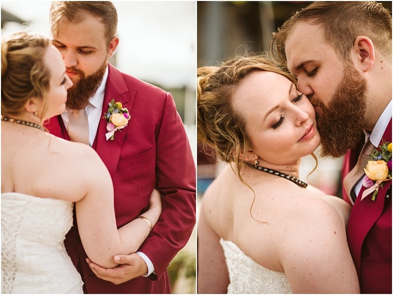 A bride in a white dress and a groom in a red suit embrace closely outdoors in snohomish In one photo they gaze at each other and in the other the groom gently kisses the bride on her temple Snohomish wedding photography