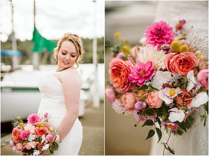 A bride in a white lace dress stands by a snohomish marina holding a vibrant bouquet of pink peach and white flowers including dahlias and roses The image is split to show her pose and a close up of the bouquet Snohomish wedding photography