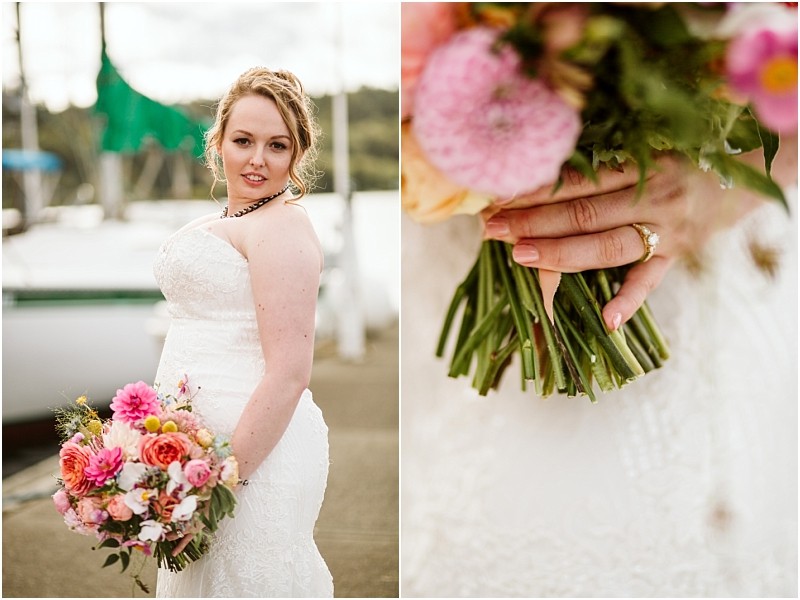 A bride in a white lace dress holds a colorful bouquet of flowers by a snohomish marina The image is split with one side showing her smiling and the other a close up of her hand bouquet and wedding ring Snohomish wedding photography