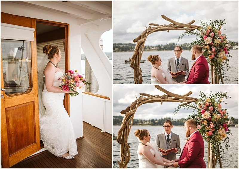 A bride in a white dress holds a bouquet on a boat in snohomish Beside her a couple exchanges vows under a wooden arch with flowers by the water officiated by a man in a suit Snohomish wedding photography